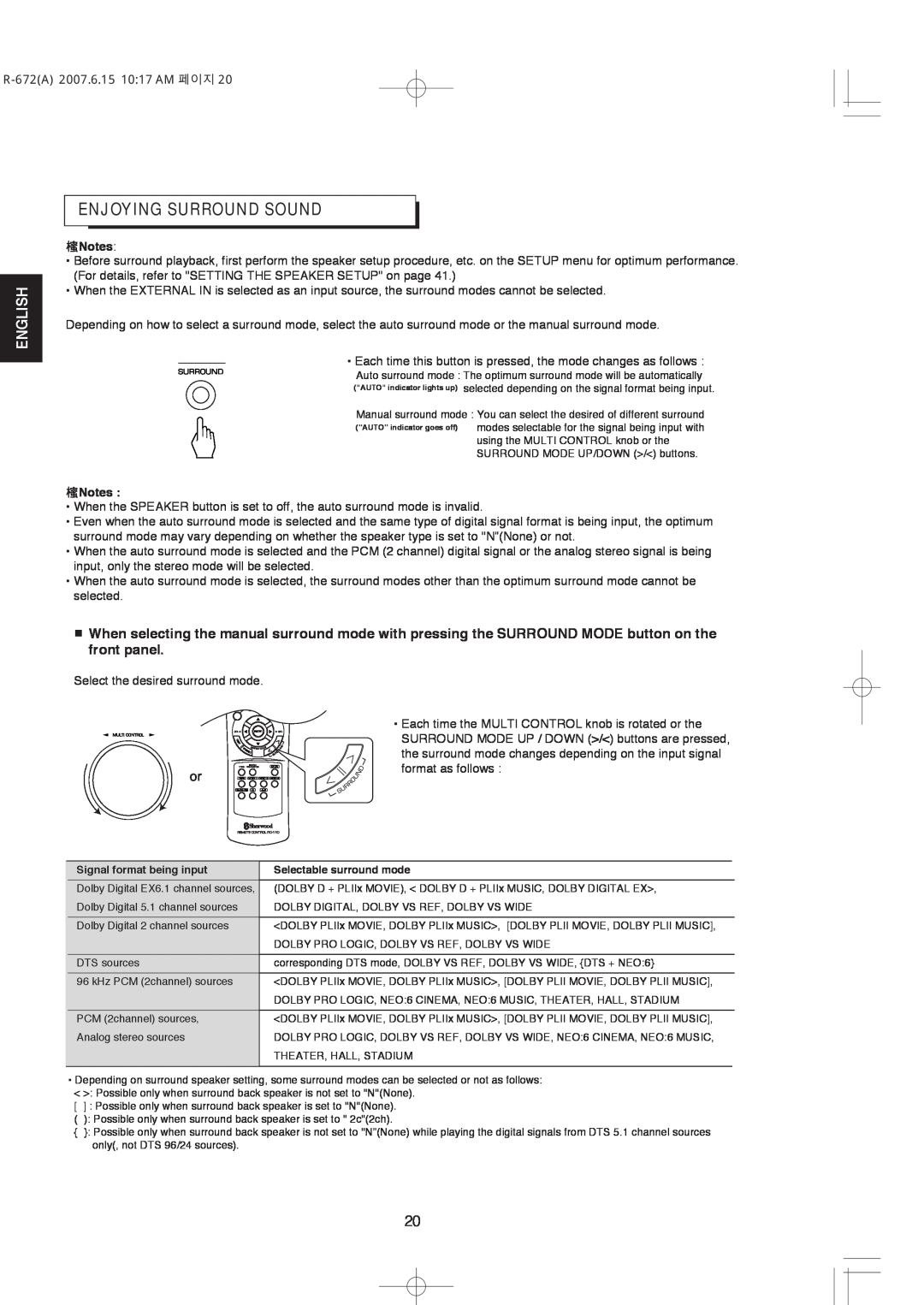 XM Satellite Radio manual Enjoying Surround Sound, English, R-672A2007.6.15 10 17 AM 페이지 