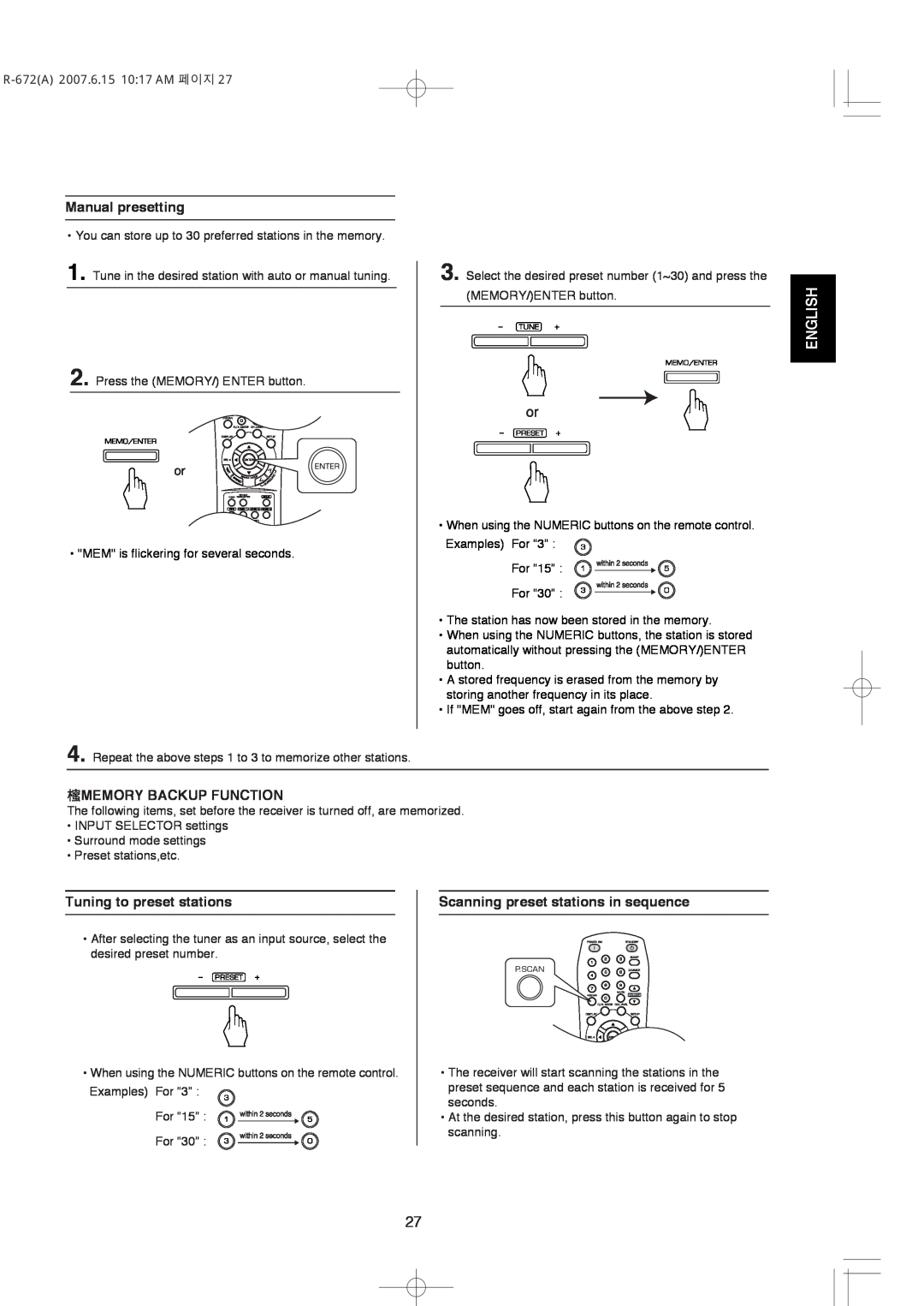 XM Satellite Radio R-672 manual Manual presetting, Memory Backup Function, Tuning to preset stations, English 