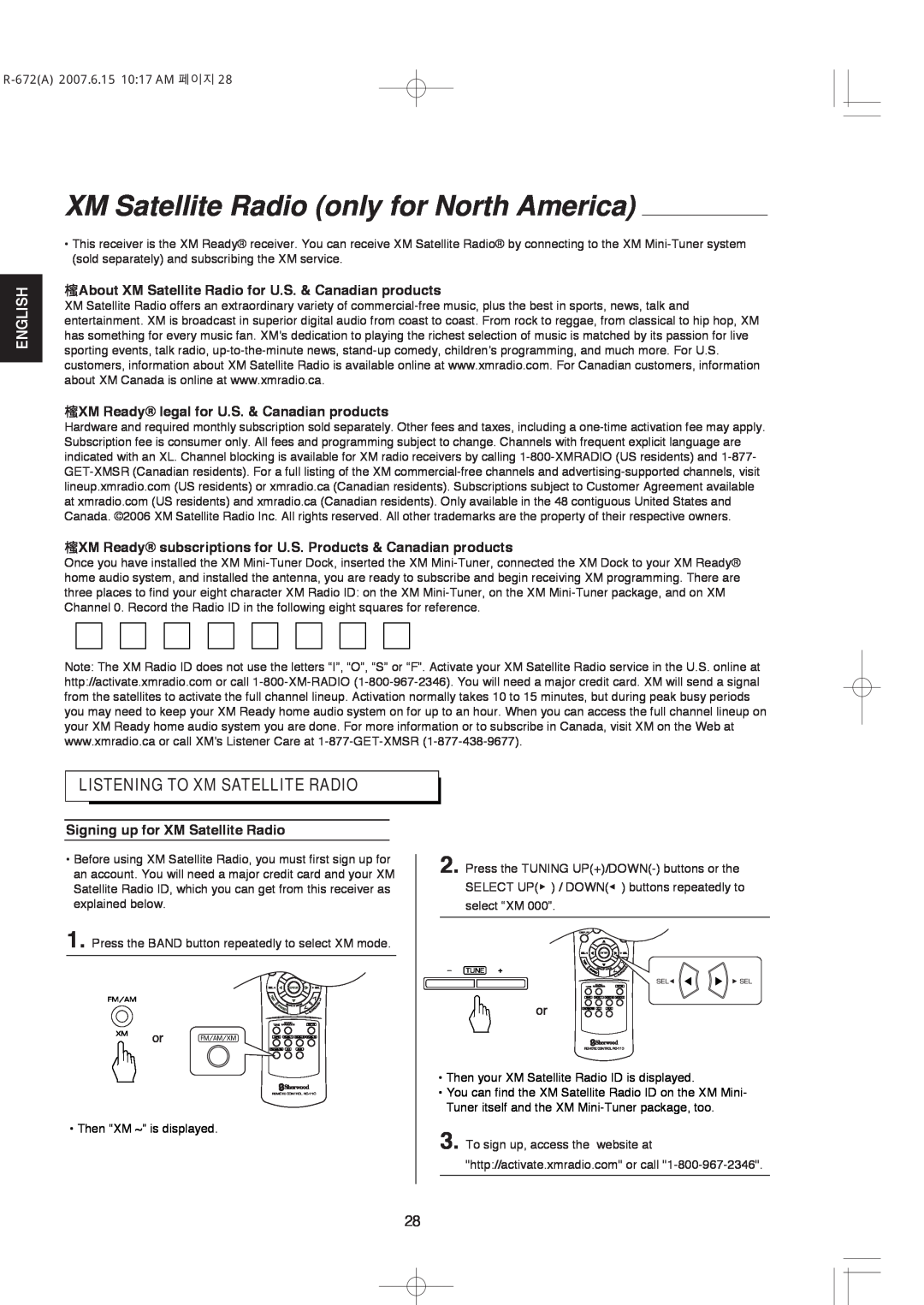 XM Satellite Radio R-672 manual XM Satellite Radio only for North America, Listening To Xm Satellite Radio, English 