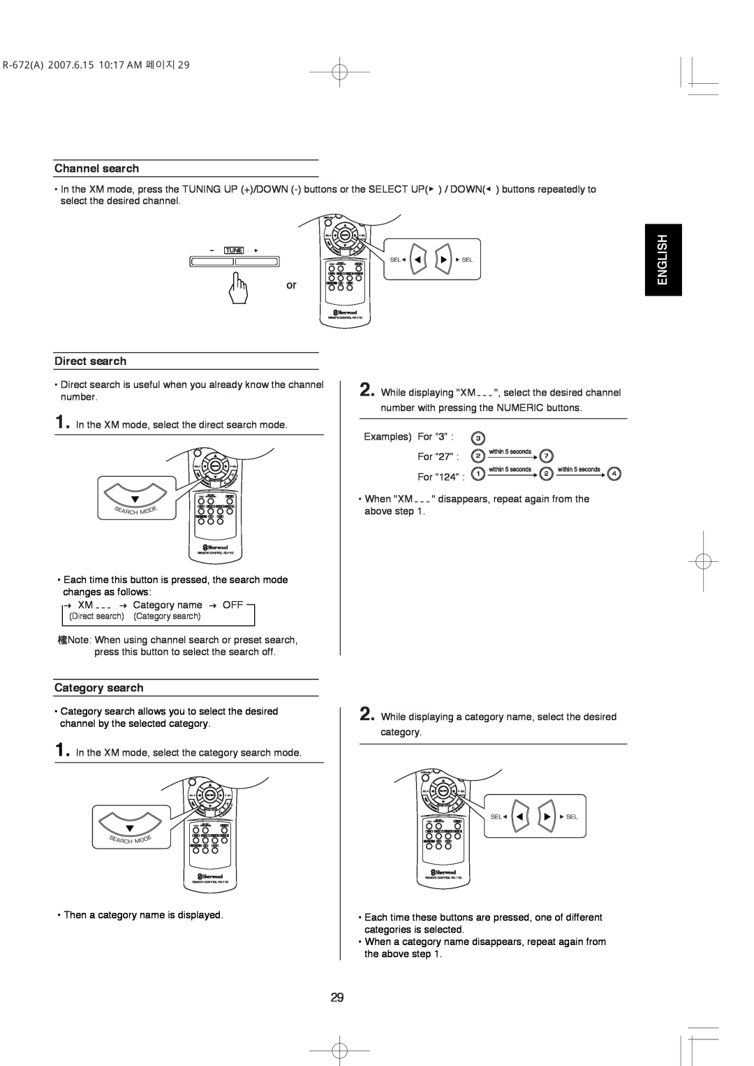 XM Satellite Radio manual Channel search, Direct search, Category search, English, R-672A2007.6.15 10 17 AM 페이지 