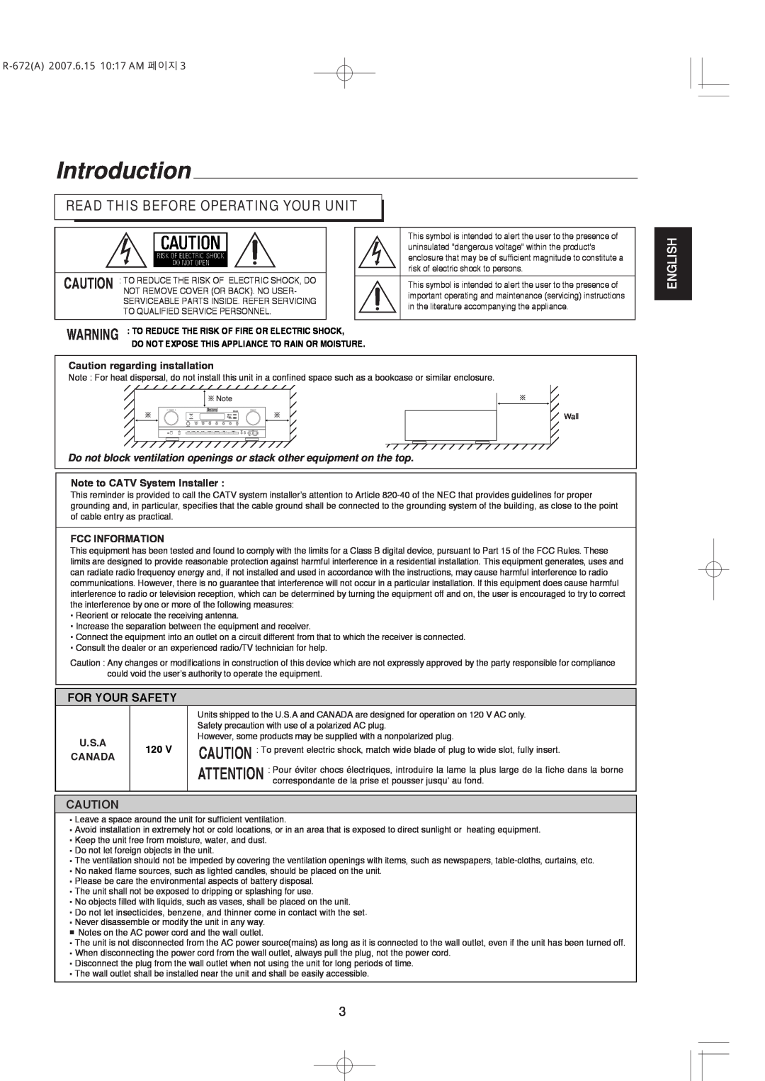 XM Satellite Radio R-672 manual Introduction, Read This Before Operating Your Unit, English, For Your Safety 