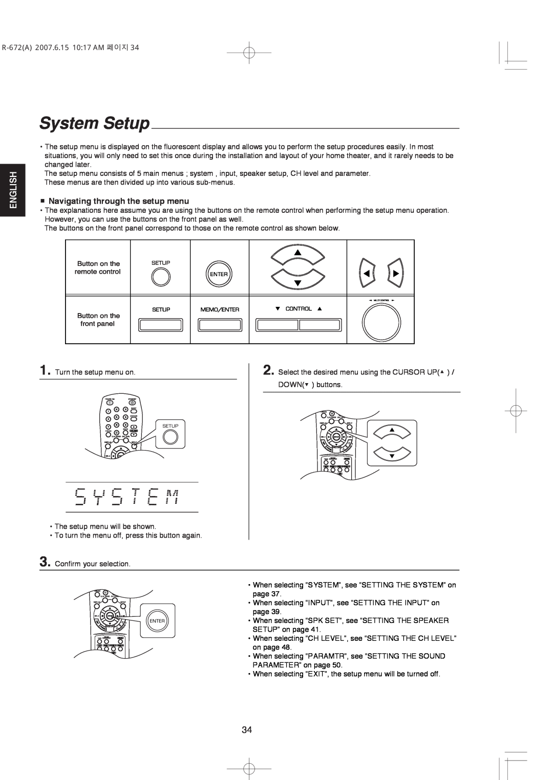 XM Satellite Radio manual System Setup, Navigating through the setup menu, English, R-672A2007.6.15 10 17 AM 페이지 