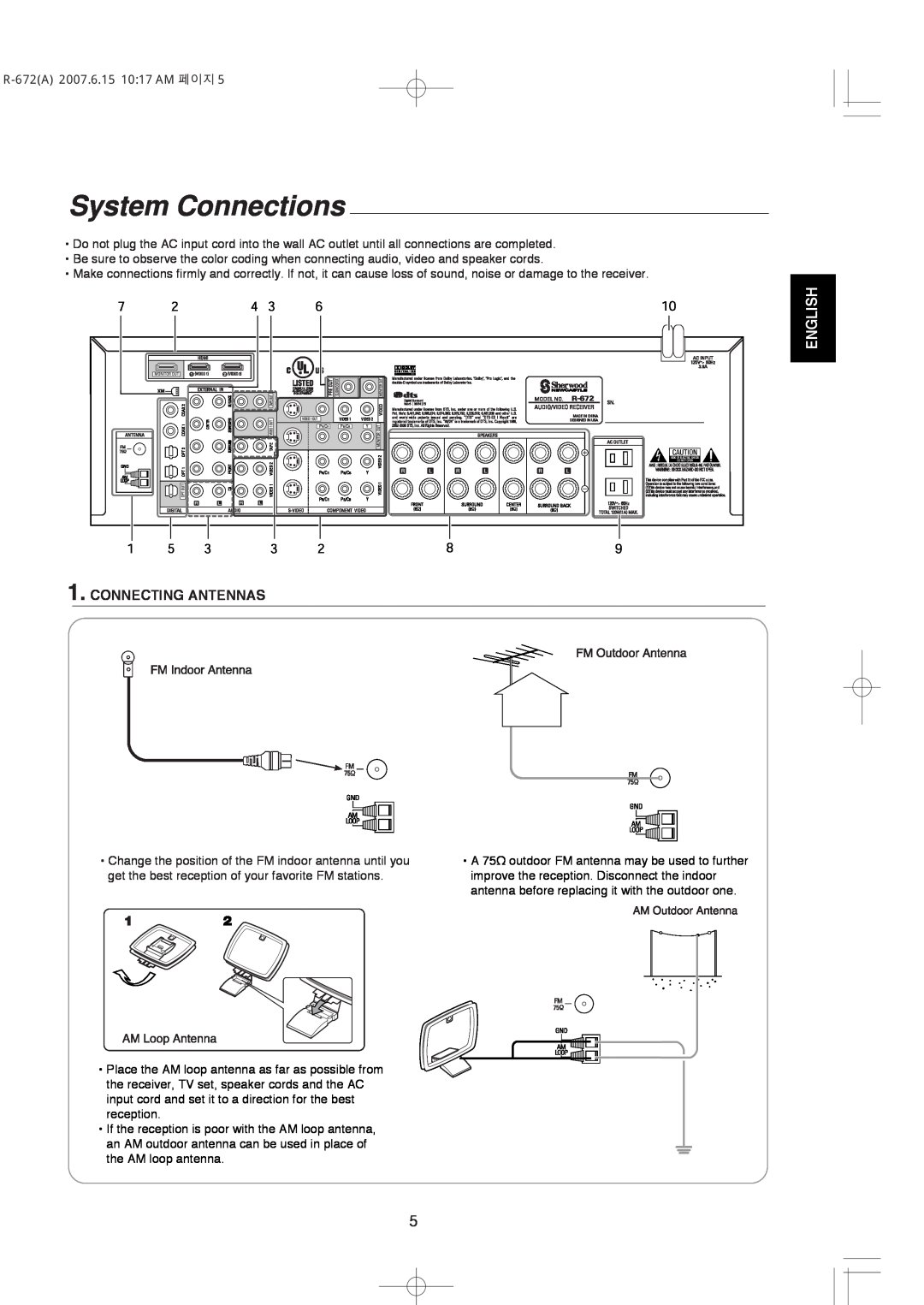 XM Satellite Radio manual System Connections, Connecting Antennas, English, R-672A2007.6.15 10 17 AM 페이지 
