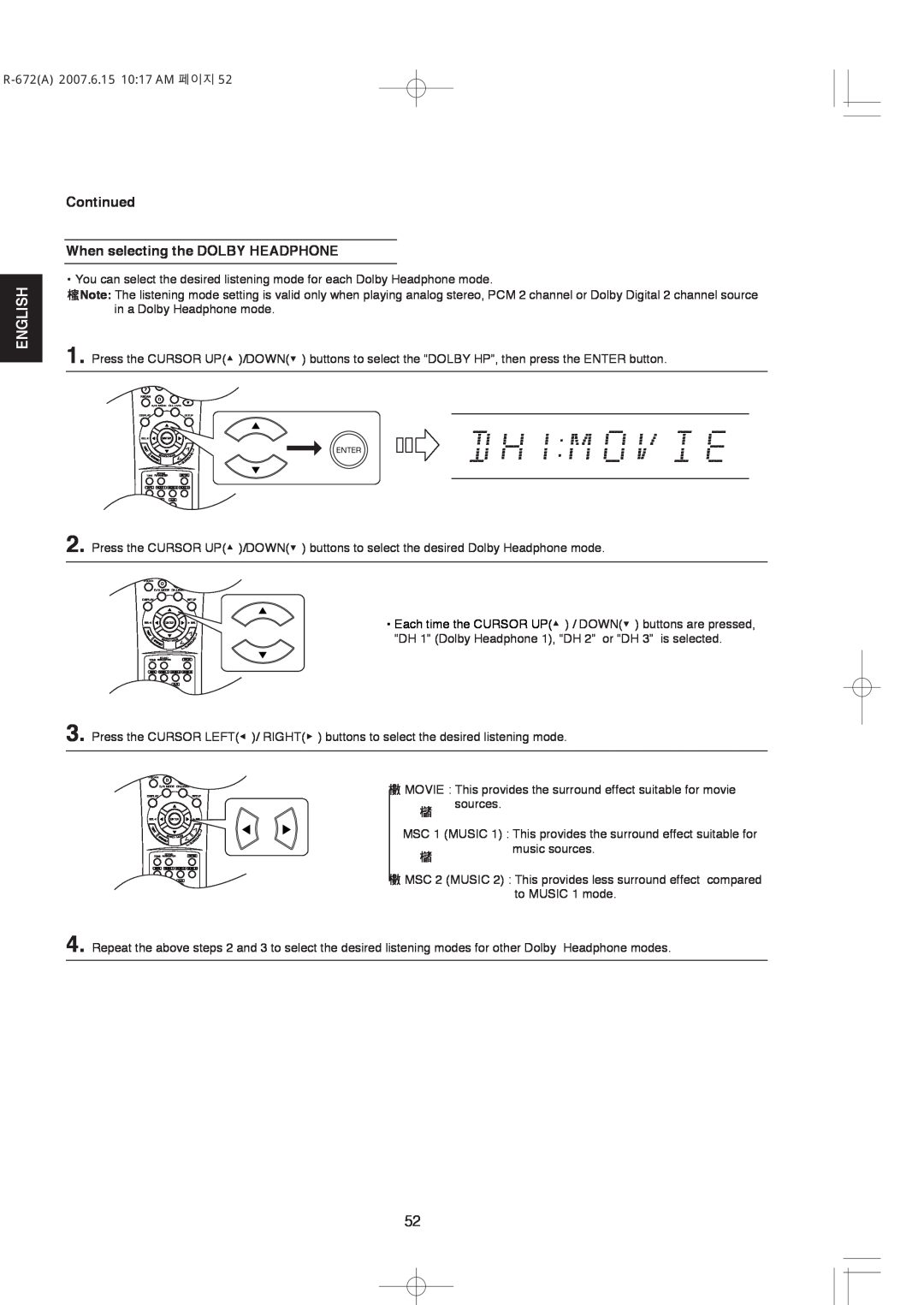 XM Satellite Radio manual Continued When selecting the DOLBY HEADPHONE, English, R-672A2007.6.15 10 17 AM 페이지 
