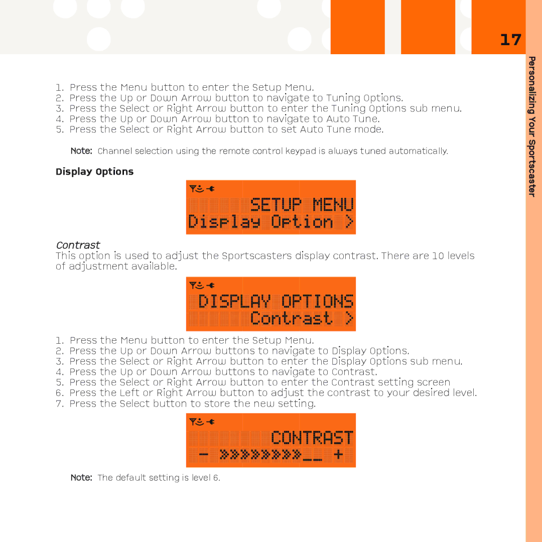 XM Satellite Radio R101 manual Display Options, Contrast 