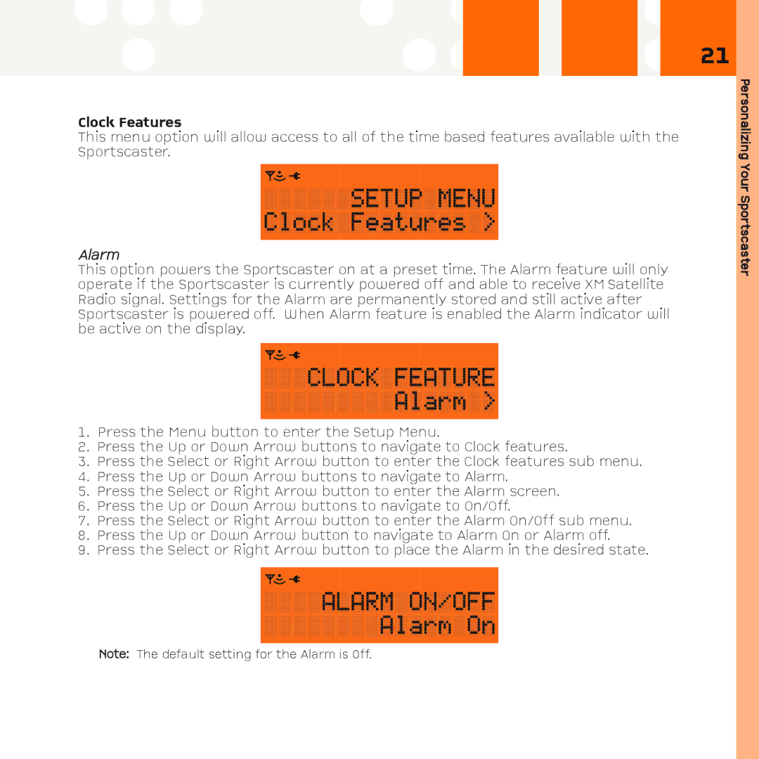 XM Satellite Radio R101 manual Clock Features 