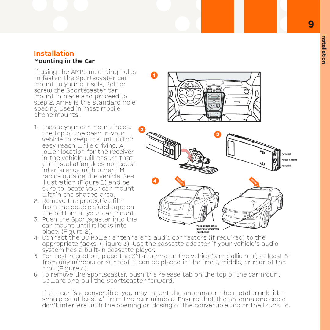 XM Satellite Radio R101 manual Installation, Mounting in the Car 