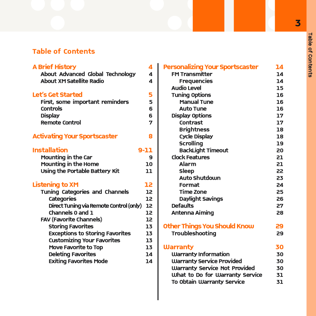 XM Satellite Radio R101 manual Table of Contents 