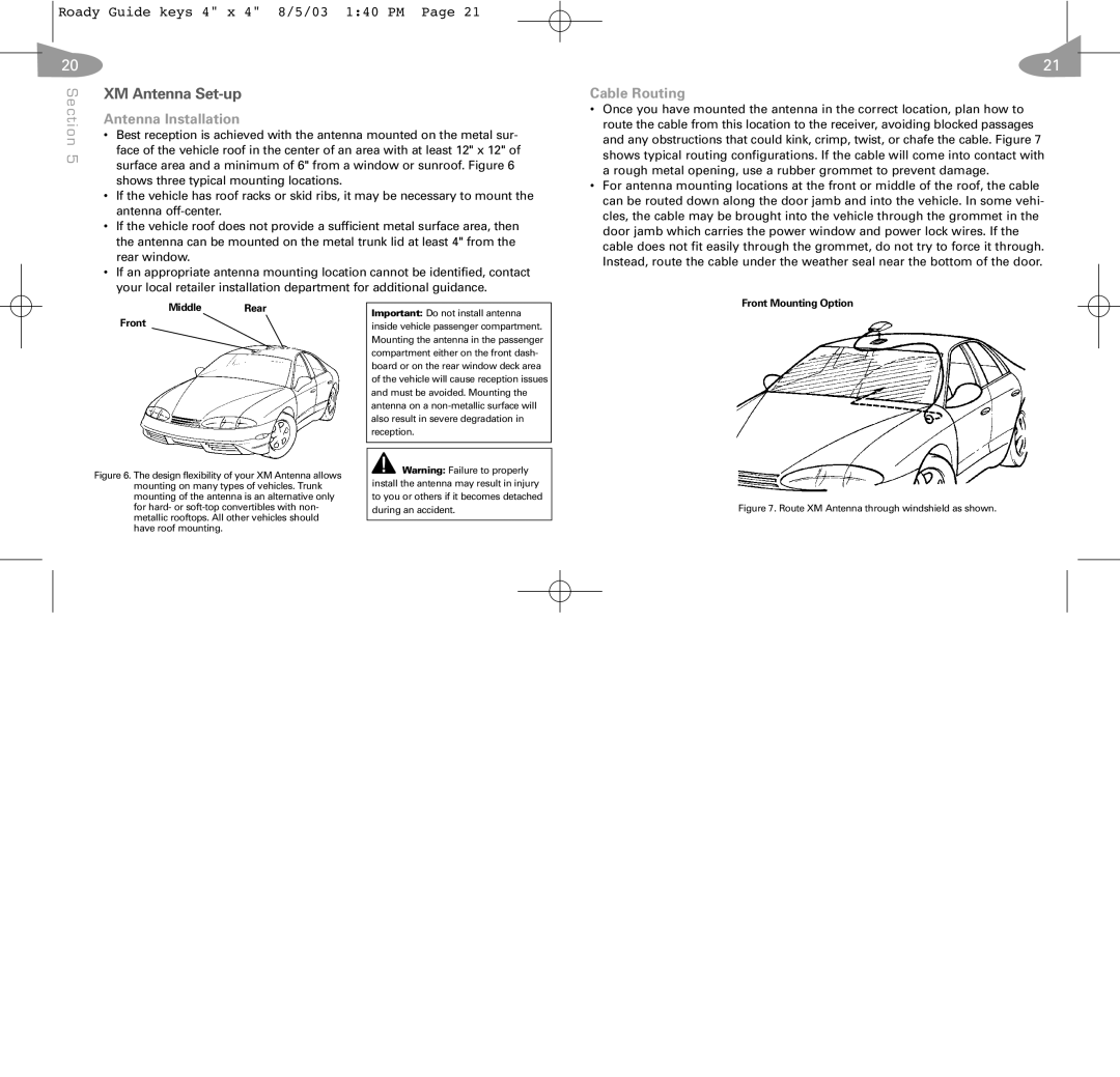 XM Satellite Radio RoadyTM manual XM Antenna Set-up, Antenna Installation, Cable Routing 