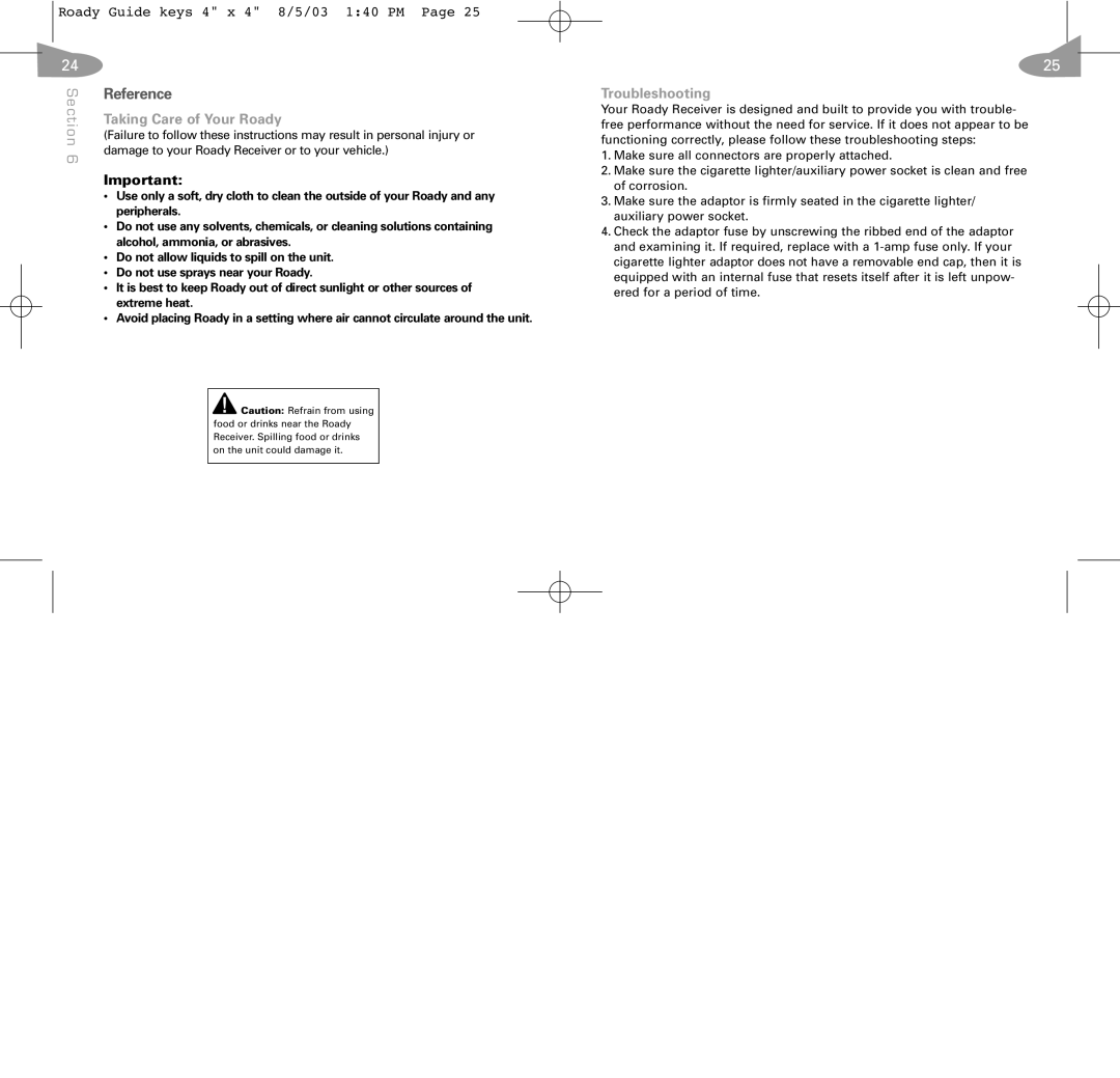 XM Satellite Radio RoadyTM manual Reference, Taking Care of Your Roady, Troubleshooting 