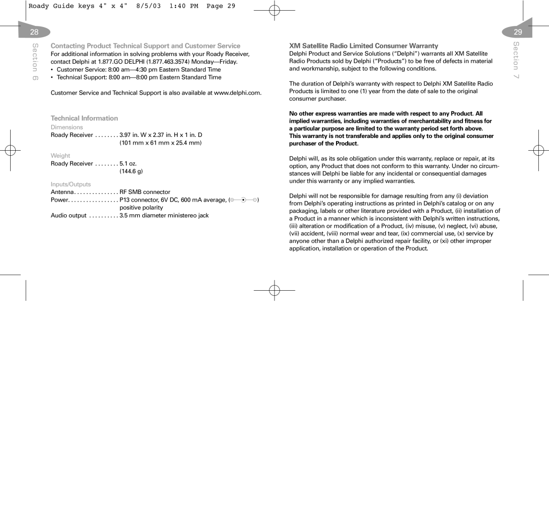 XM Satellite Radio RoadyTM manual Technical Information, Contacting Product Technical Support and Customer Service 