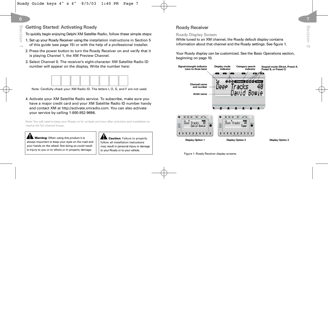 XM Satellite Radio RoadyTM manual Getting Started Activating Roady, Roady Receiver, Roady Display Screen 