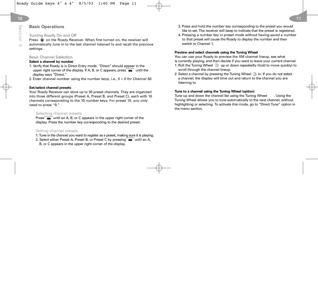 XM Satellite Radio RoadyTM manual Basic Operations, Turning Roady On and Off, Basic Channel Selection 