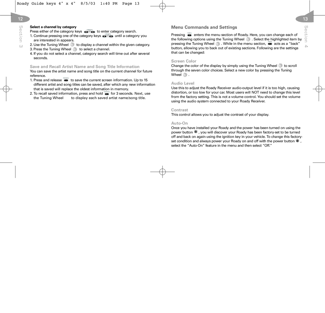 XM Satellite Radio RoadyTM manual Menu Commands and Settings 