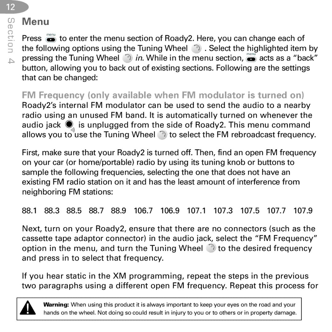 XM Satellite Radio SA10085 manual Menu, FM Frequency only available when FM modulator is turned on 