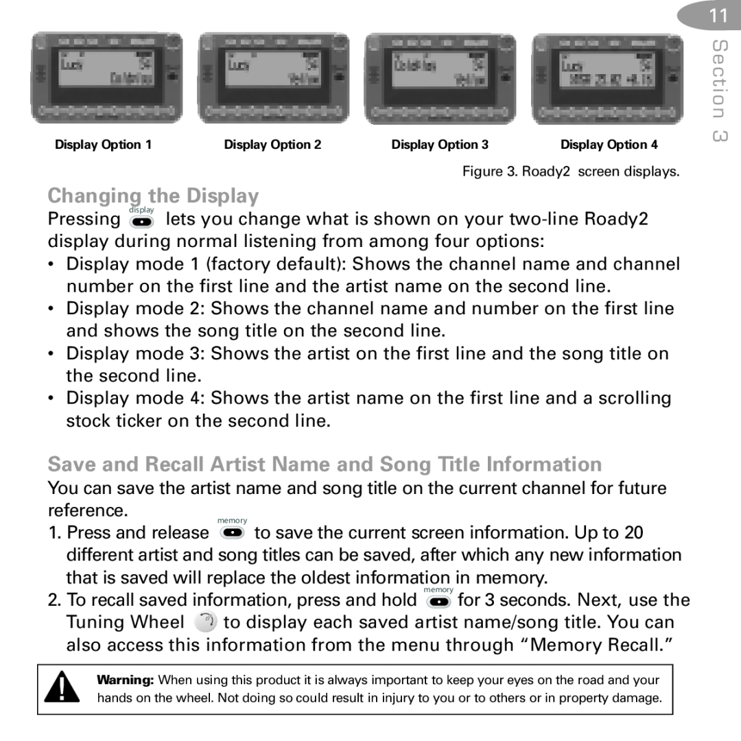 XM Satellite Radio SA10085 manual Changing the Display, Section, Display Option 