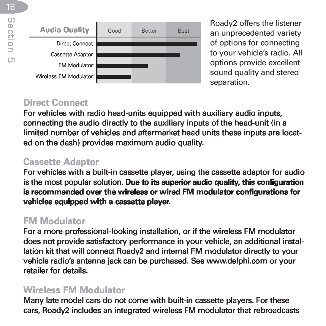 XM Satellite Radio SA10085 manual Direct Connect, Cassette Adaptor, Wireless FM Modulator, Section, Audio Quality 