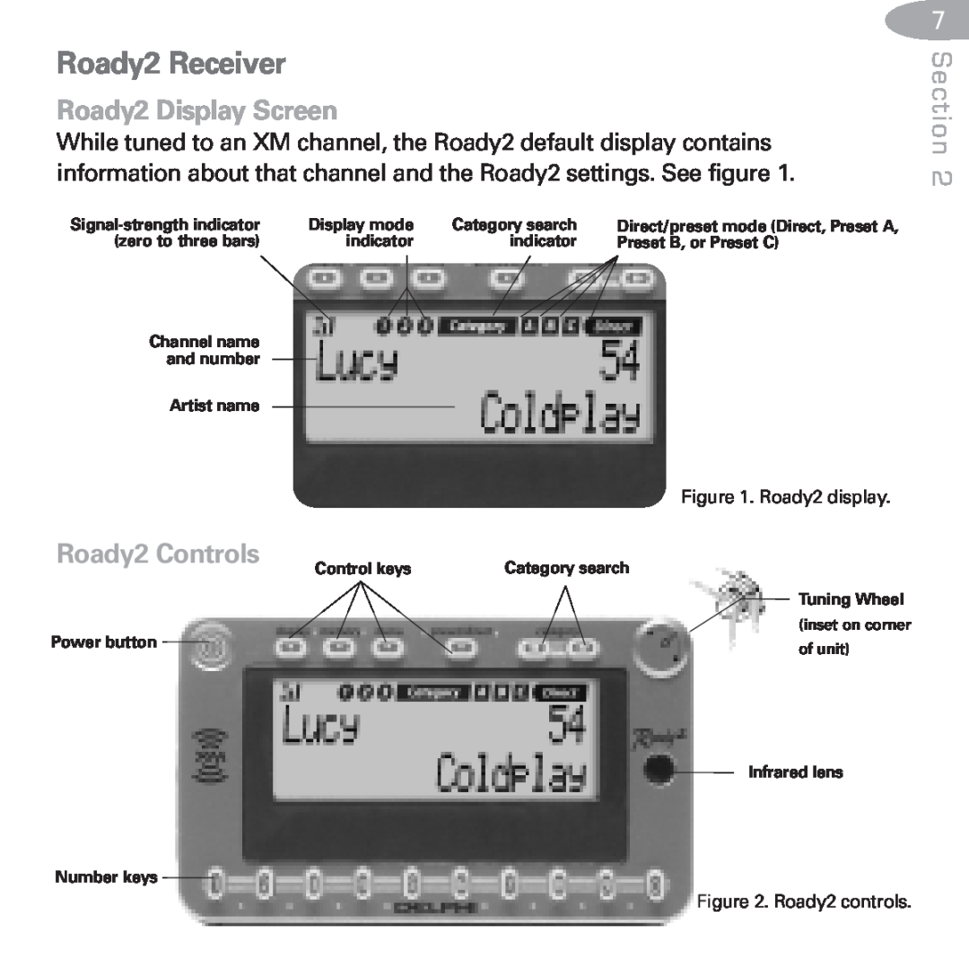 XM Satellite Radio SA10085 manual Roady2 Receiver, Roady2 Display Screen, Roady2 Controls, Section 