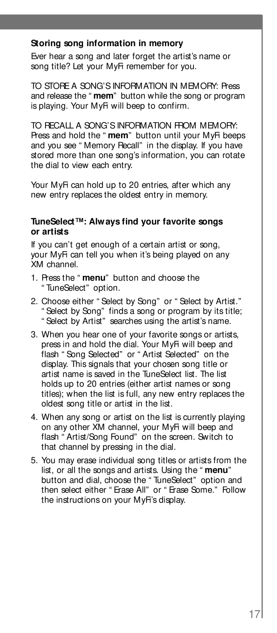 XM Satellite Radio SA10113 manual Storing song information in memory, TuneSelect Always find your favorite songs or artists 