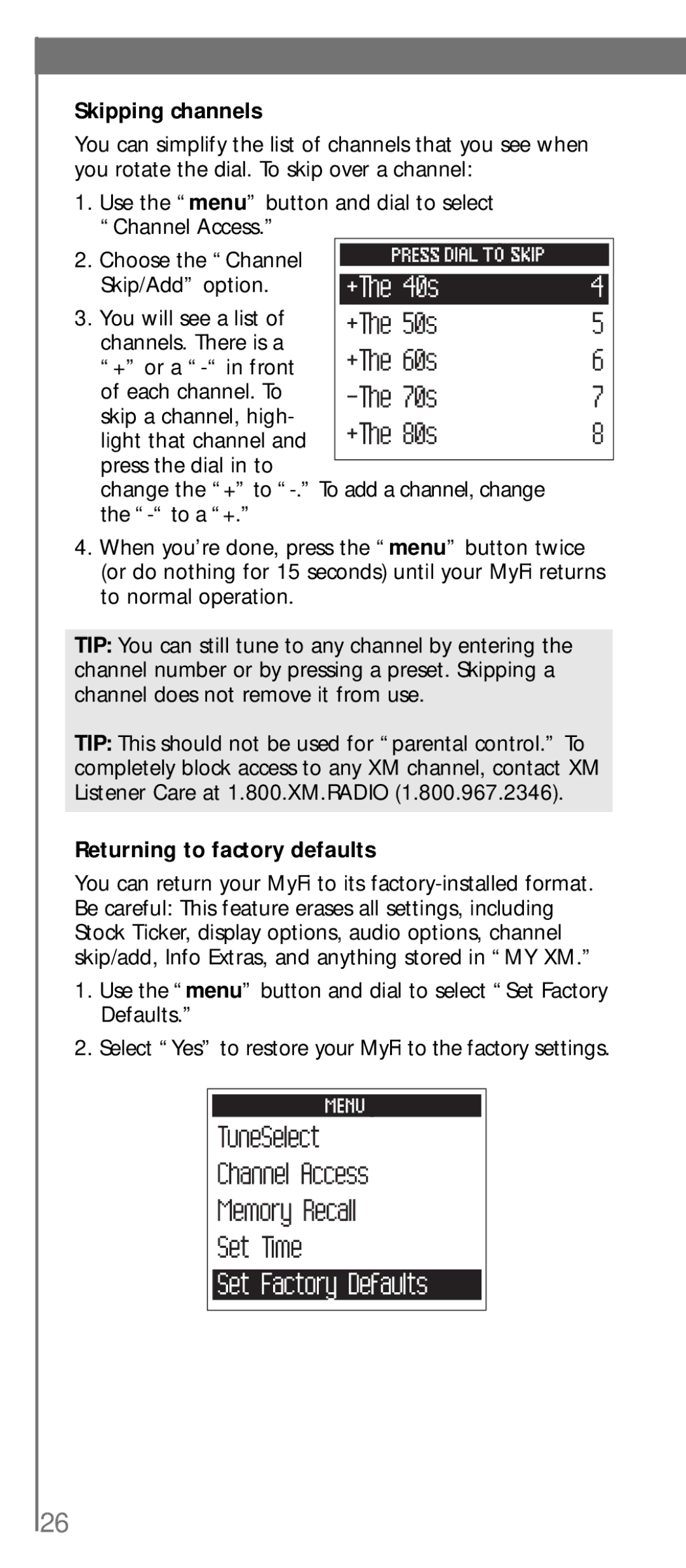 XM Satellite Radio SA10113 manual Skipping channels, Returning to factory defaults 