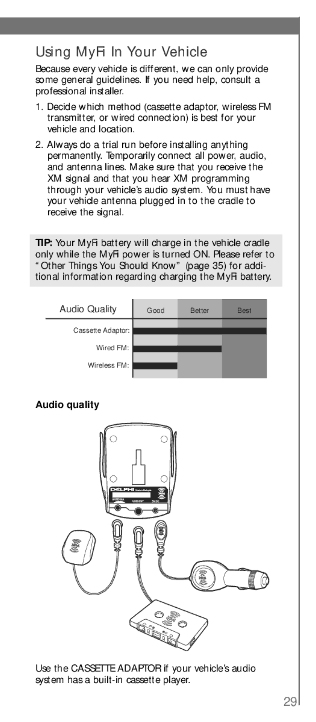 XM Satellite Radio SA10113 manual Using MyFi In Your Vehicle, Audio quality 