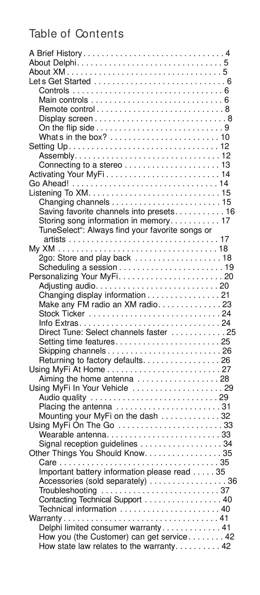 XM Satellite Radio SA10113 manual Table of Contents 