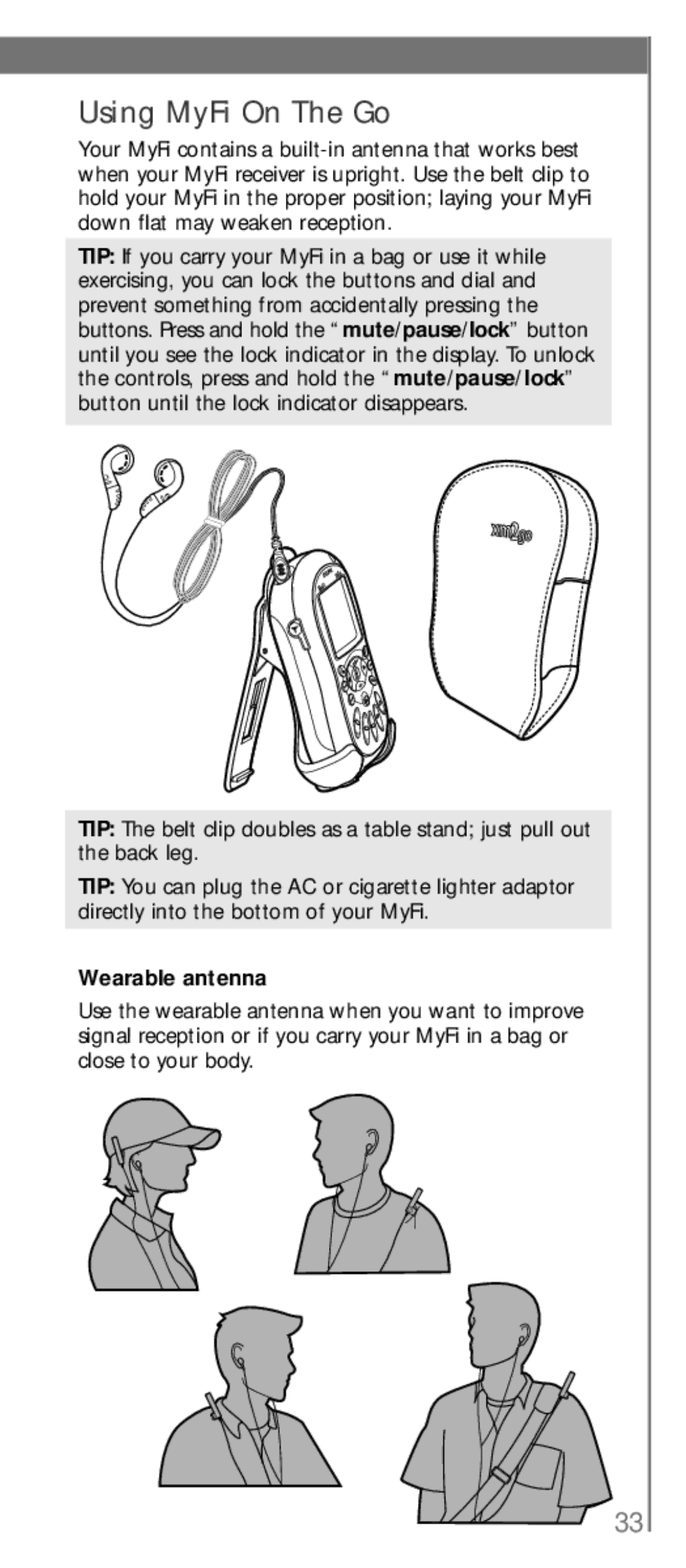 XM Satellite Radio SA10113 manual Using MyFi On The Go, Wearable antenna 