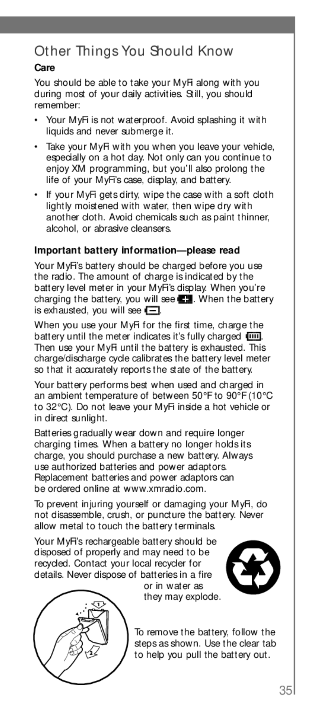 XM Satellite Radio SA10113 manual Other Things You Should Know, Care, Important battery information-please read 