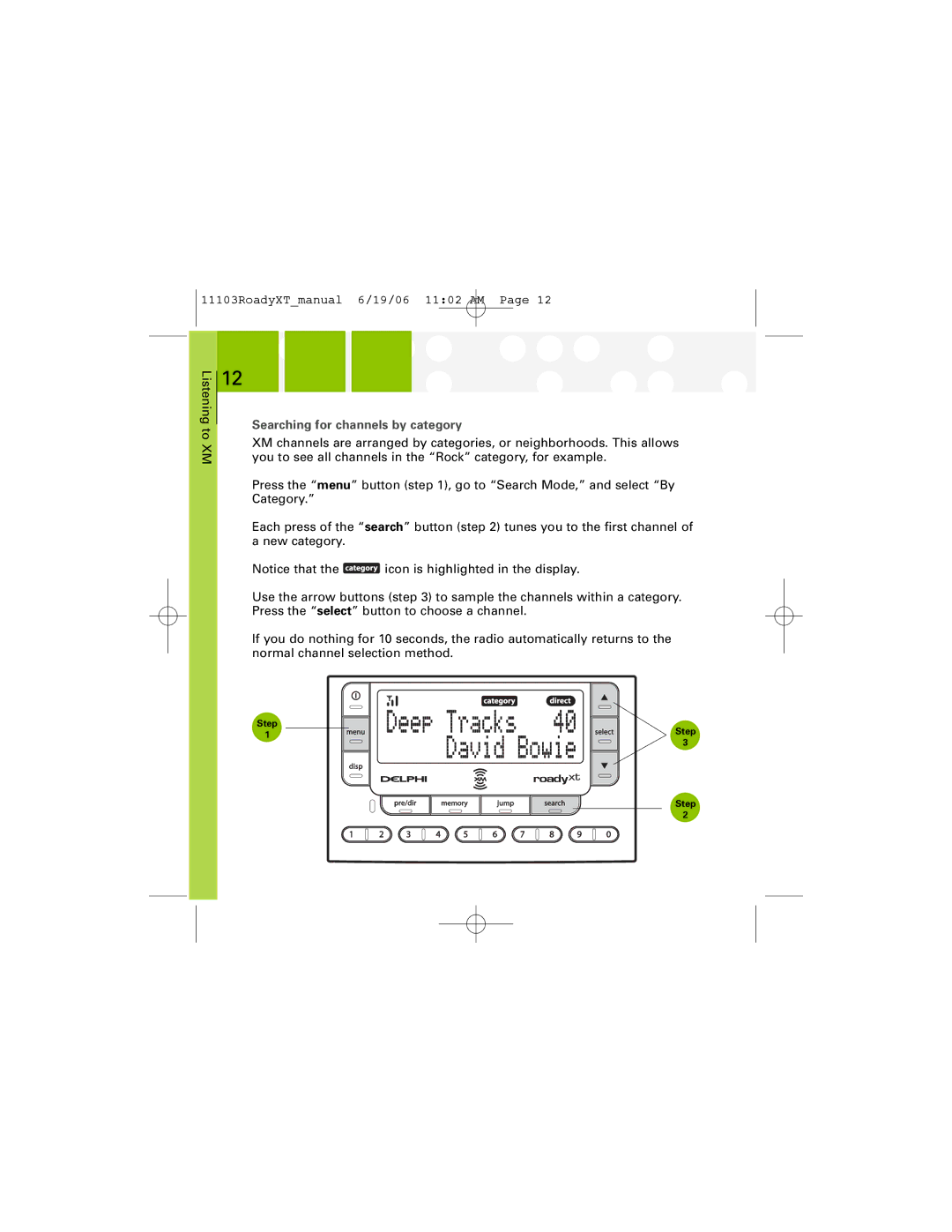 XM Satellite Radio SA10175 manual Searching for channels by category 