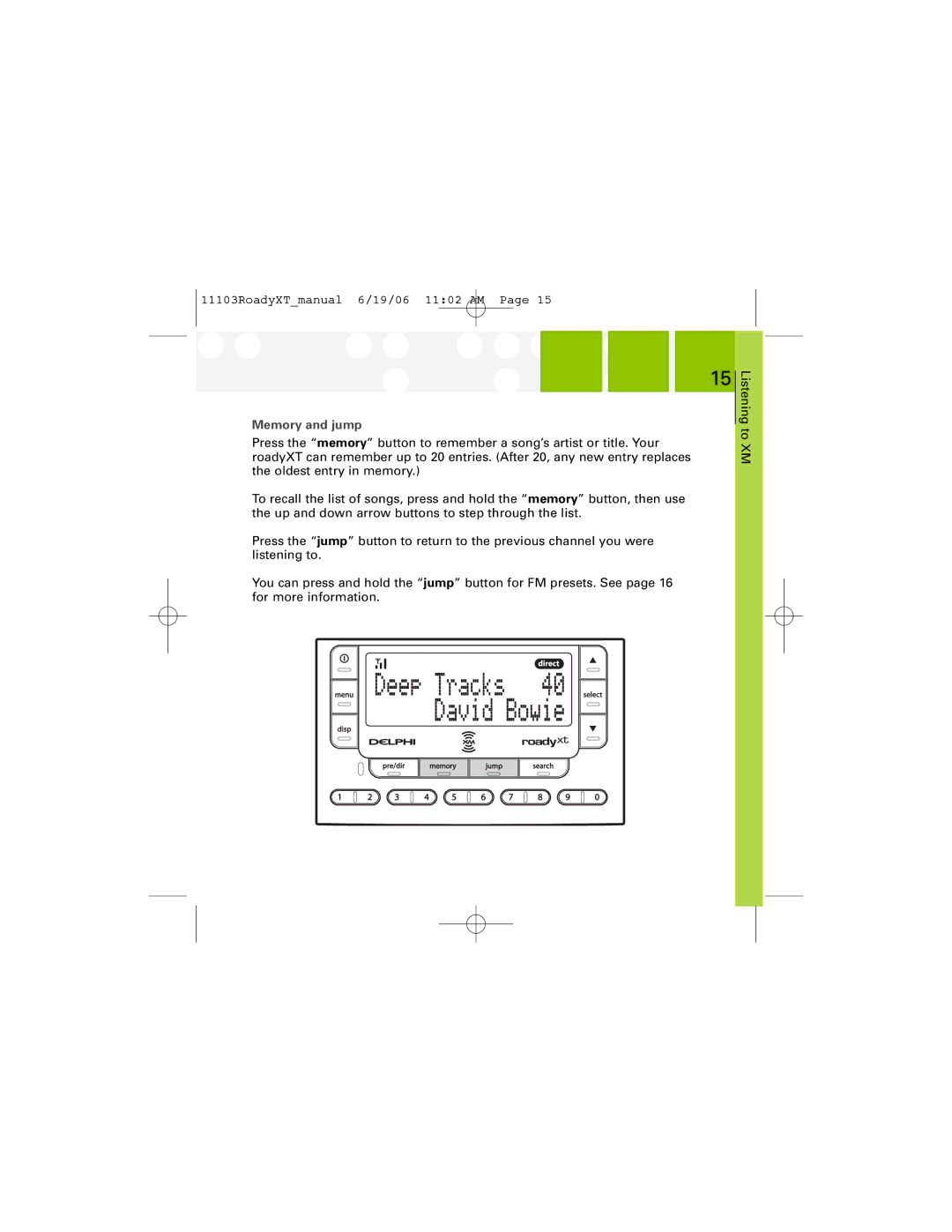 XM Satellite Radio SA10175 manual Memory and jump 