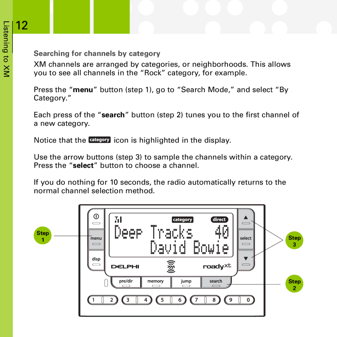 XM Satellite Radio SA10177 manual Searching for channels by category 