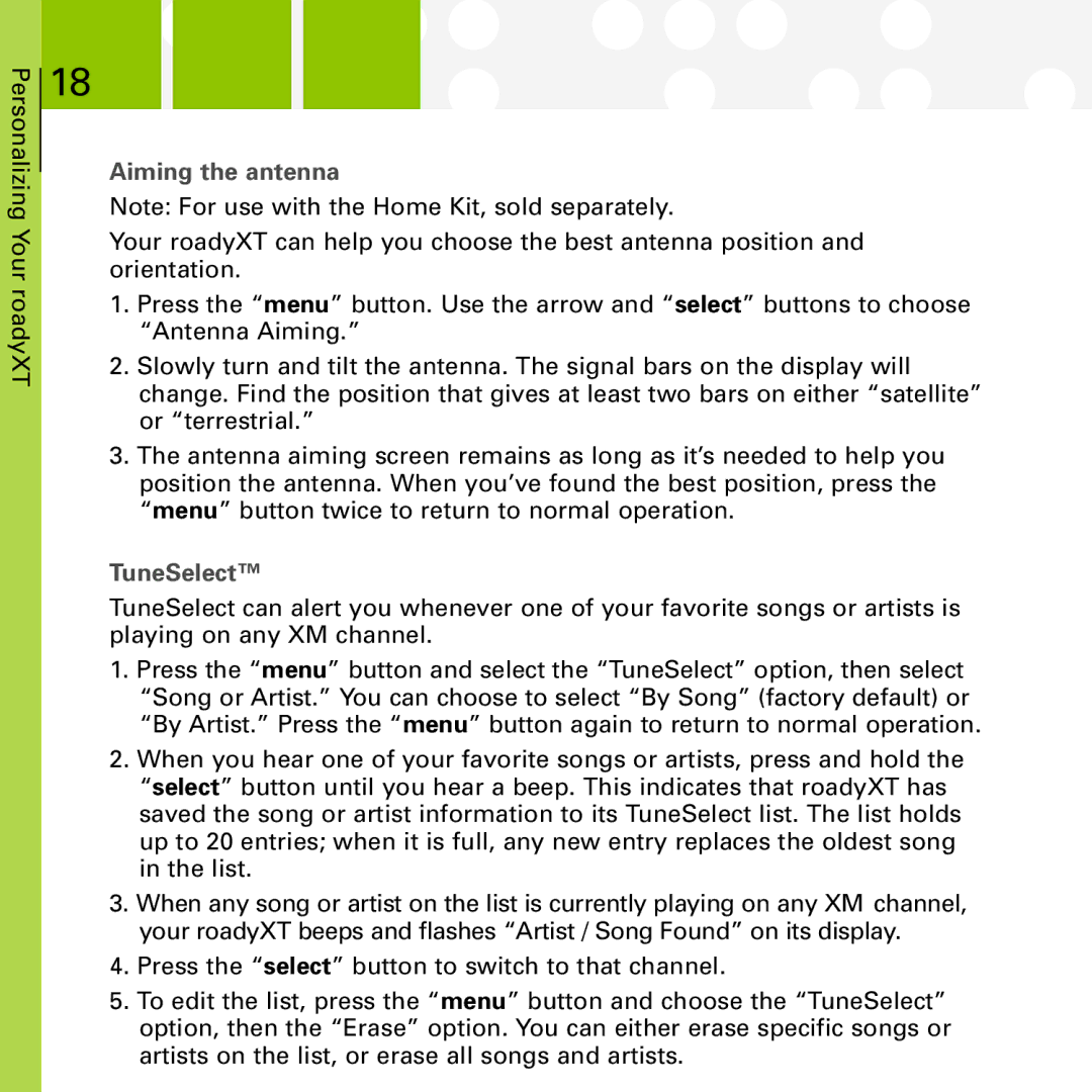 XM Satellite Radio SA10177 manual Aiming the antenna, TuneSelect 
