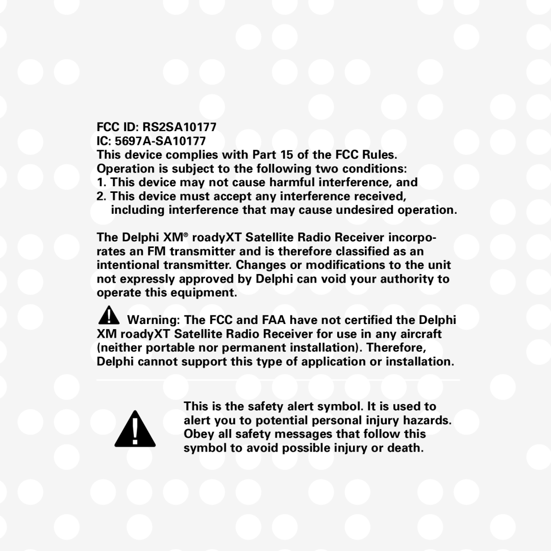 XM Satellite Radio manual FCC ID RS2SA10177 IC 5697A-SA10177 