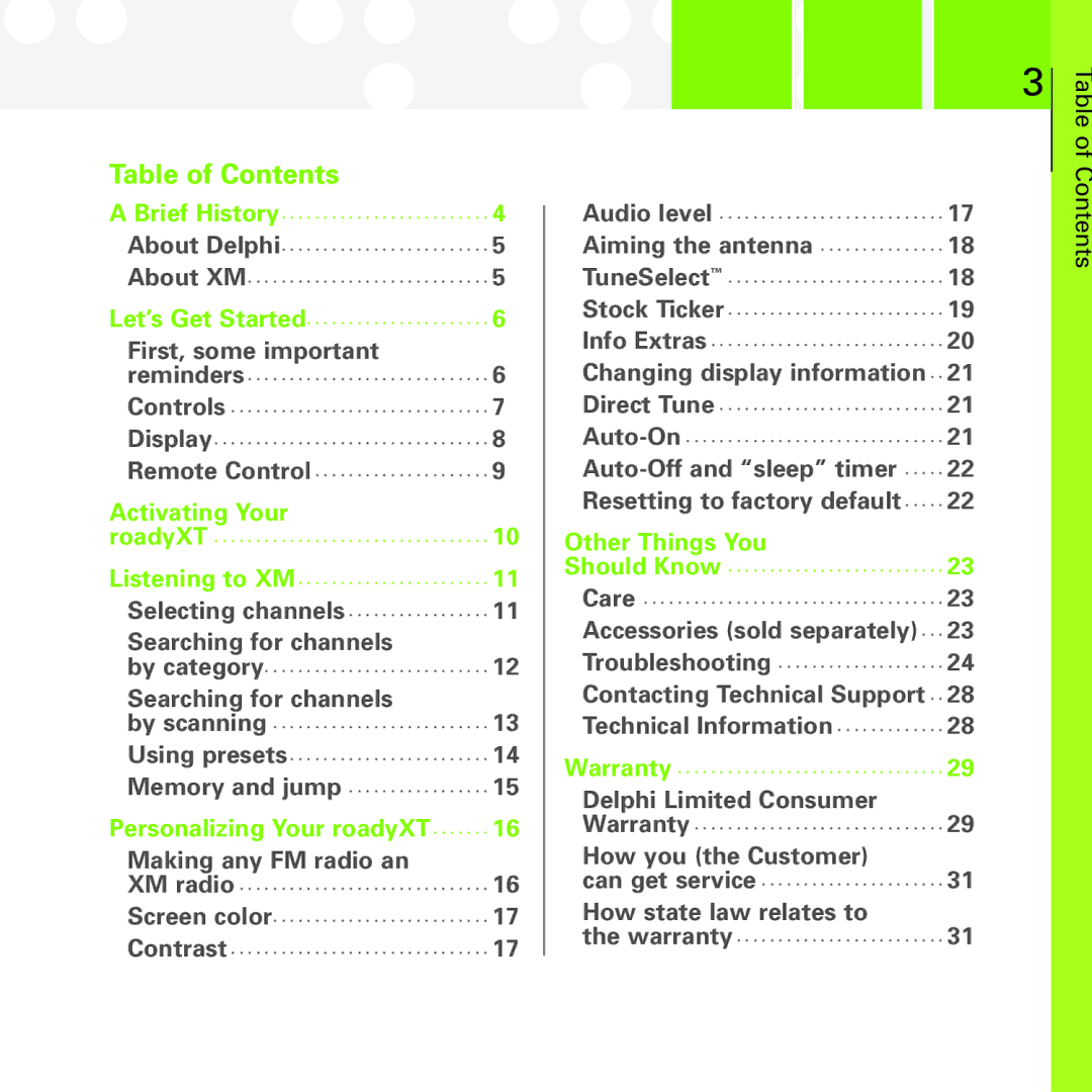 XM Satellite Radio SA10177 manual Table of Contents 