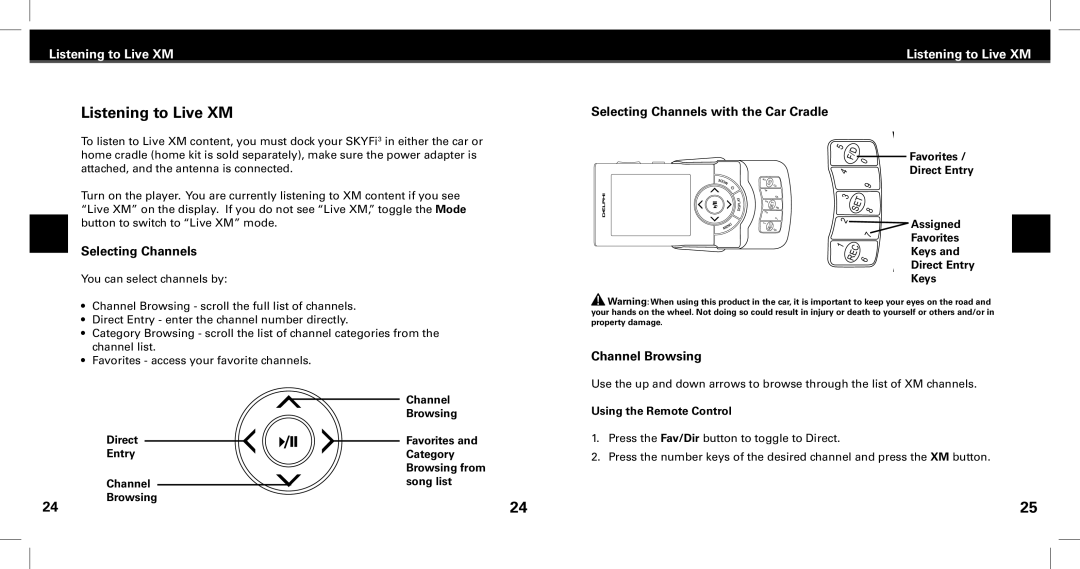 XM Satellite Radio Satellite Radio Digital Audio Player manual Listening to Live XM, Selecting Channels with the Car Cradle 