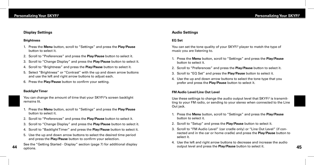 XM Satellite Radio Satellite Radio Digital Audio Player manual Display Settings, Audio Settings 