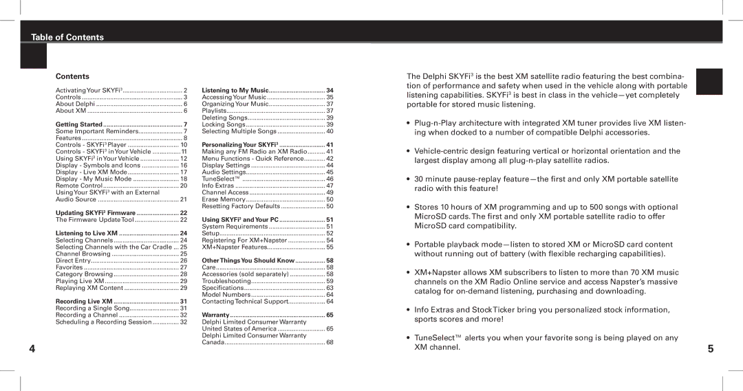 XM Satellite Radio Satellite Radio Digital Audio Player manual Table of Contents 