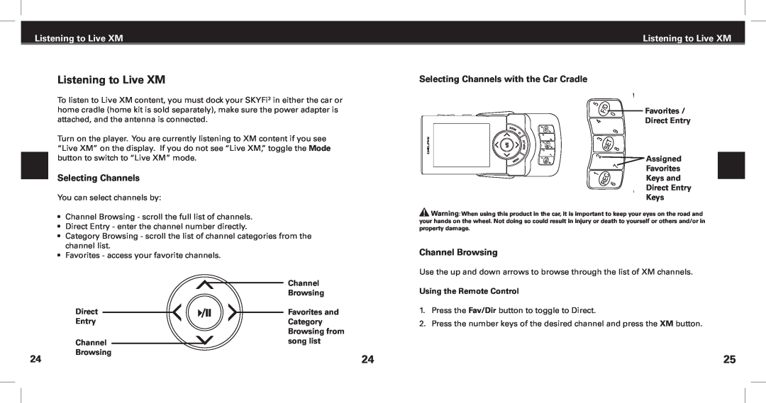 XM Satellite Radio Satellite Radio Digital Audio Player manual Listening to Live XM, Selecting Channels with the Car Cradle 