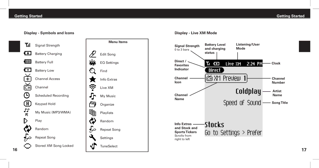 XM Satellite Radio SKYFi3 manual Display Symbols and Icons, Display Live XM Mode, Menu Items, Signal Strength 