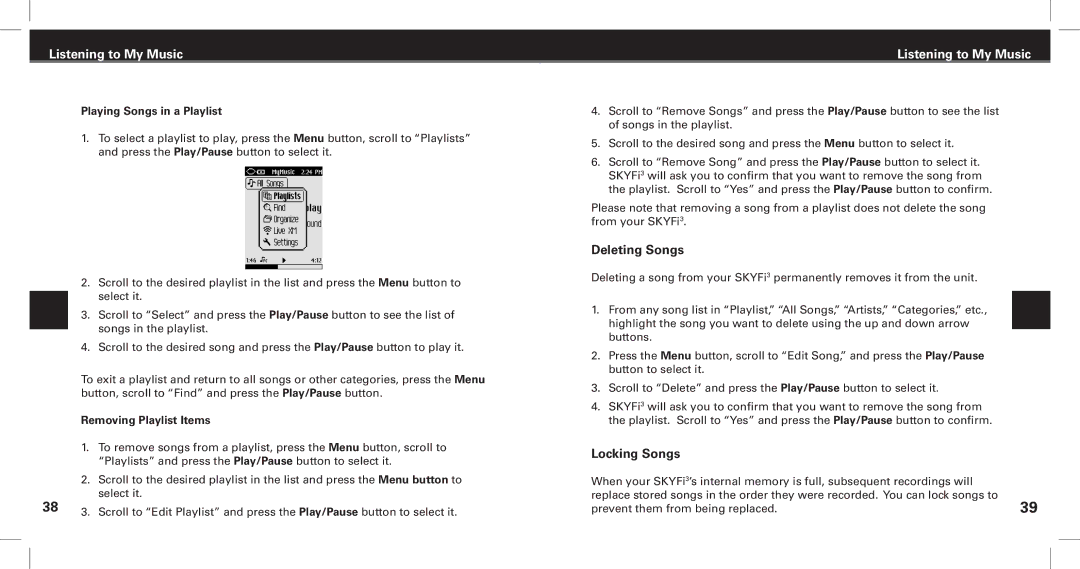 XM Satellite Radio SKYFi3 manual Deleting Songs, Locking Songs, Playing Songs in a Playlist, Removing Playlist Items 