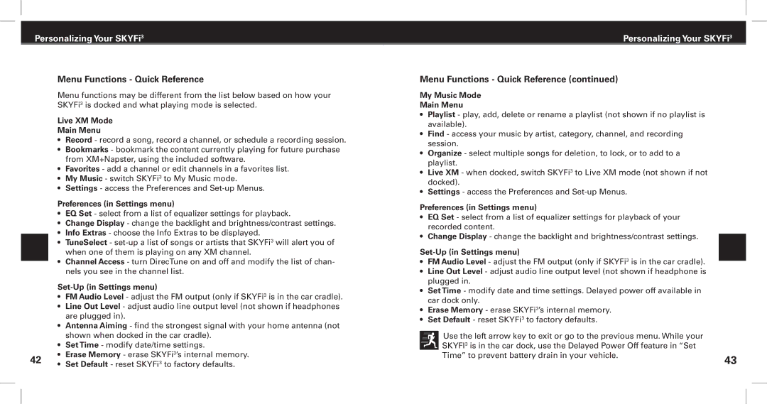 XM Satellite Radio SKYFi3 manual Menu Functions Quick Reference, Live XM Mode Main Menu, Preferences in Settings menu 