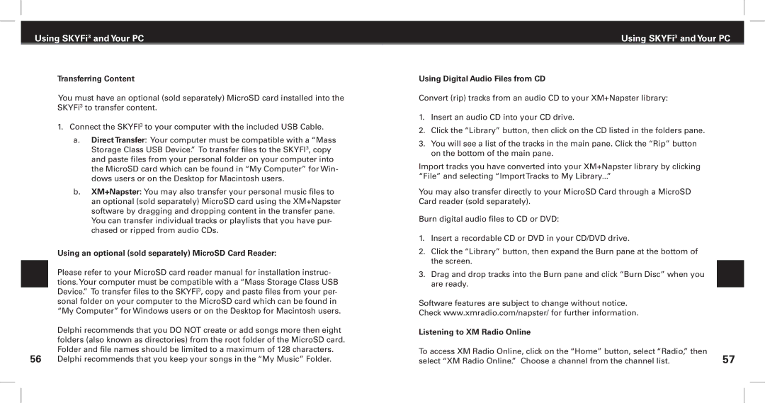 XM Satellite Radio SKYFi3 manual Transferring Content, Using an optional sold separately MicroSD Card Reader 