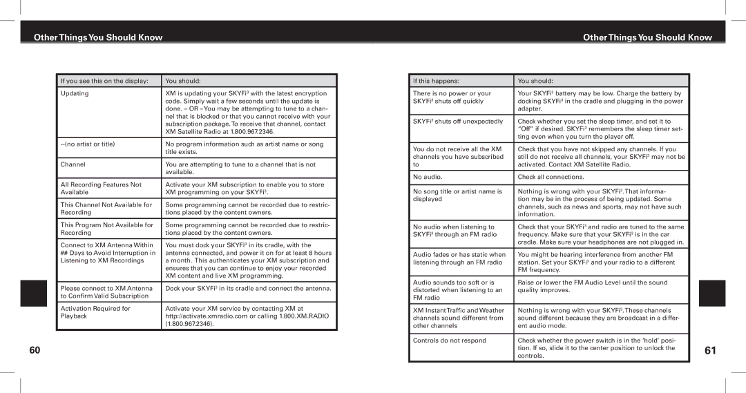 XM Satellite Radio SKYFi3 manual Information No audio when listening to 