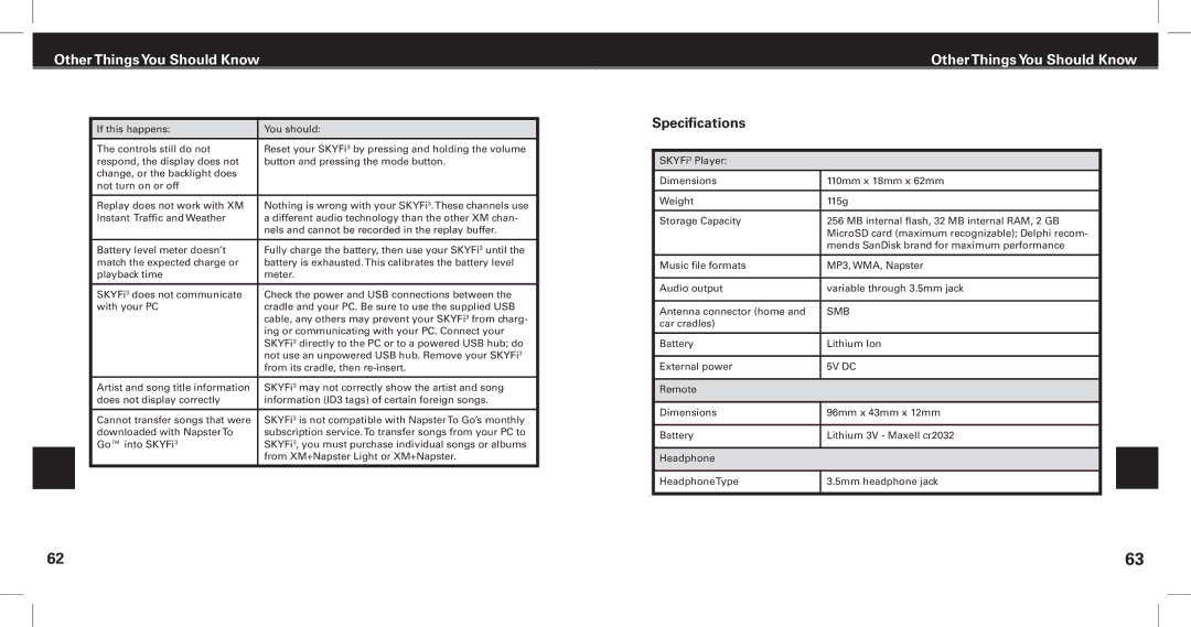 XM Satellite Radio SKYFi3 manual Specifications, 5V DC 