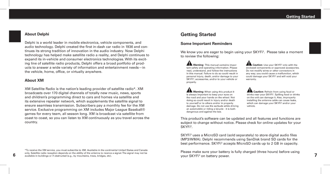 XM Satellite Radio SKYFi3 manual Getting Started, About Delphi, Some Important Reminders, About XM 