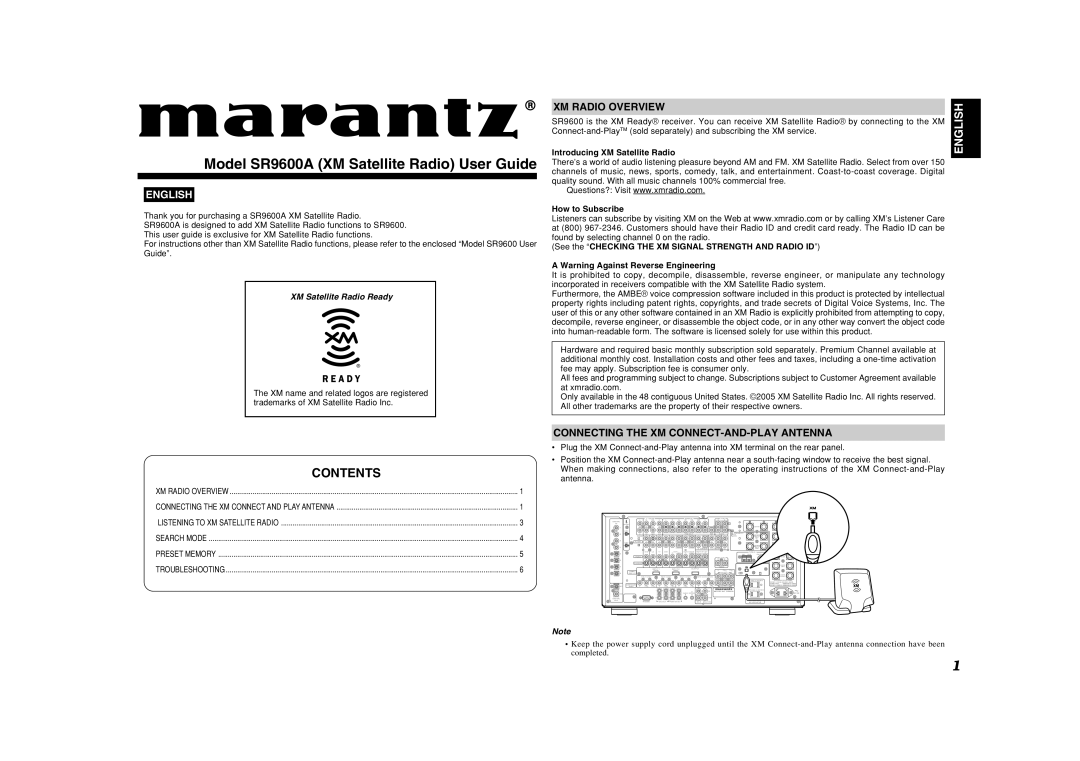 XM Satellite Radio manual Model SR9600A XM Satellite Radio User Guide 