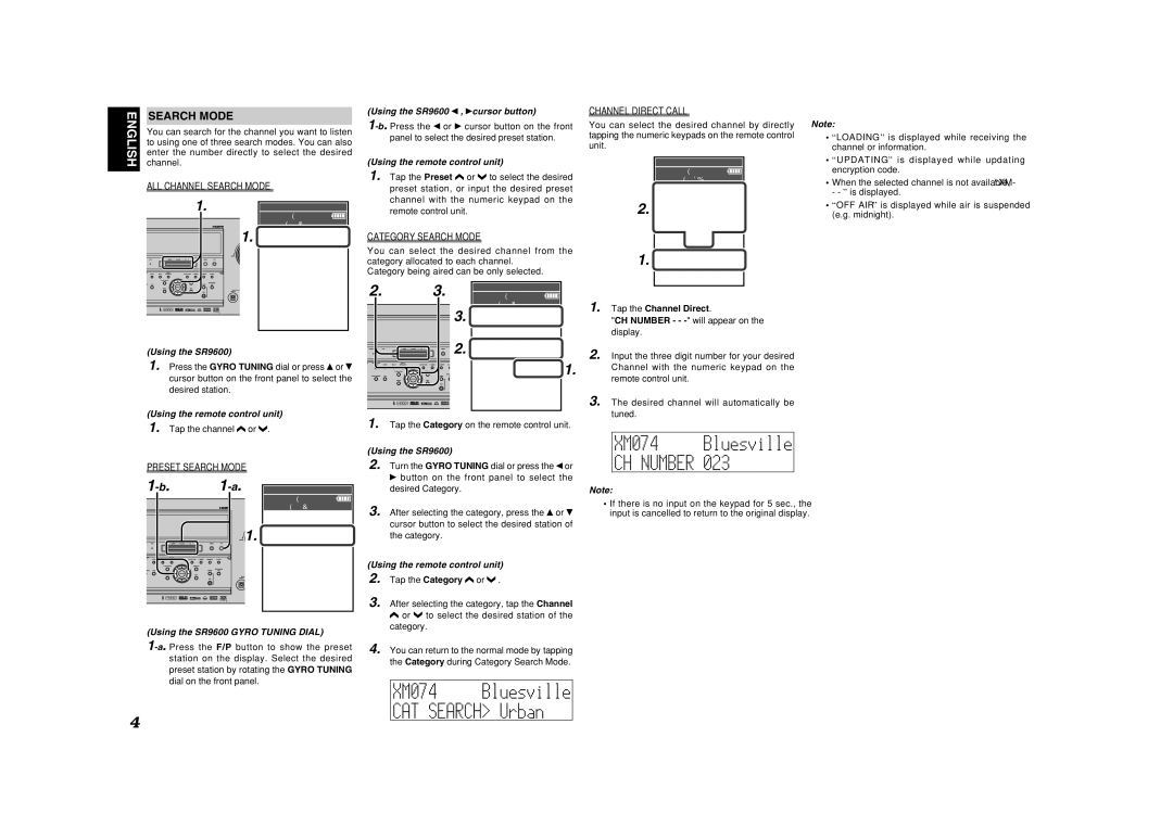 XM Satellite Radio SR9600A ALL Channel Search Mode, Category Search Mode, Channel Direct Call, Tap the Channel Direct 