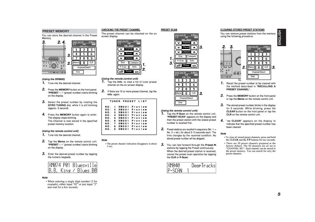 XM Satellite Radio SR9600A manual Preset Memory, Checking The Preset Channel, Preset Scan, English, Using the SR9600 