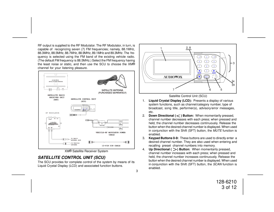 XM Satellite Radio SRXM-001 manual Satellite Control Unit SCU, Satellite Antenna 