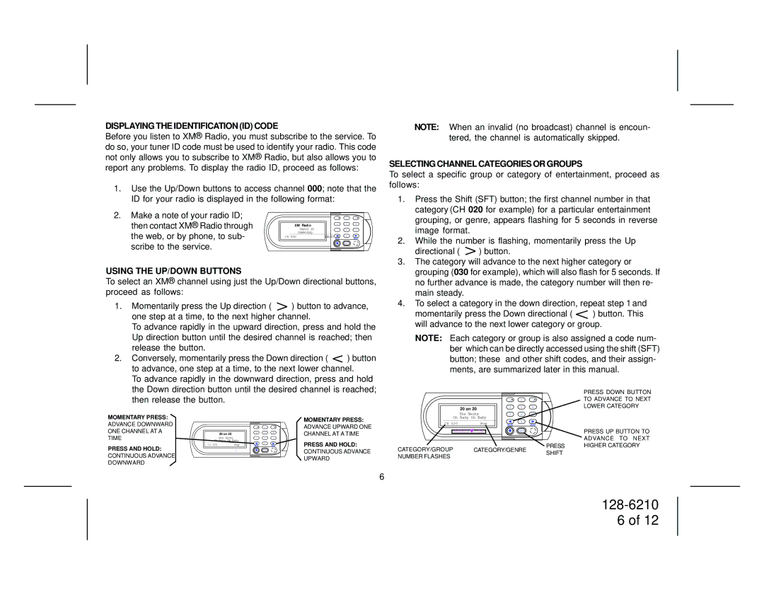 XM Satellite Radio SRXM-001 manual Displaying the Identification ID Code, Selecting Channel Categories or Groups 